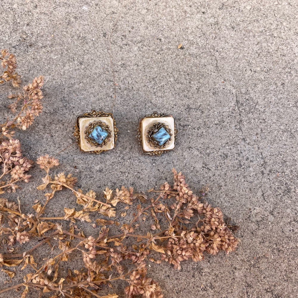 Vintage. Square Clip On Earrings, Turquoise Center